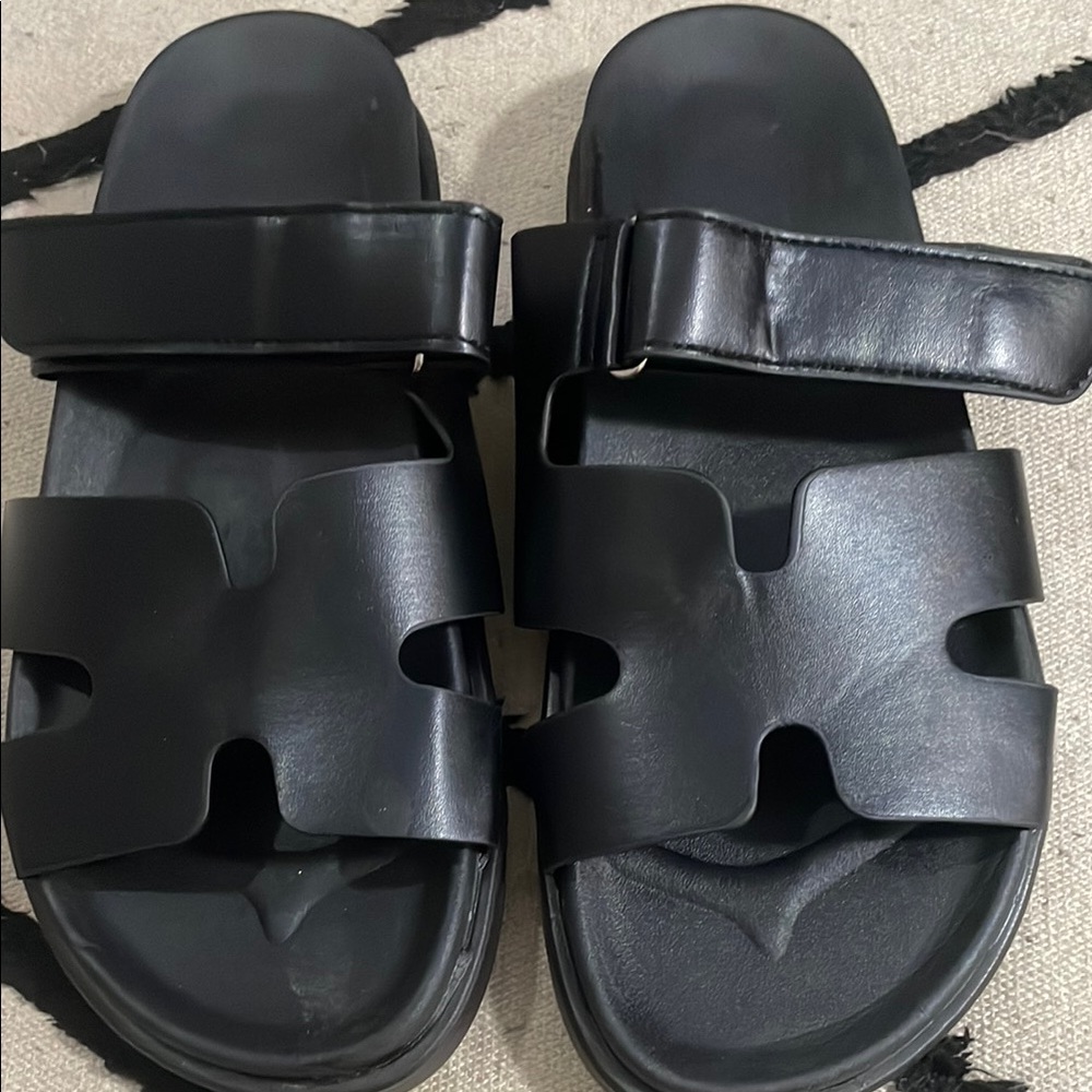 Black Slide Sandals with Adjustable Strap